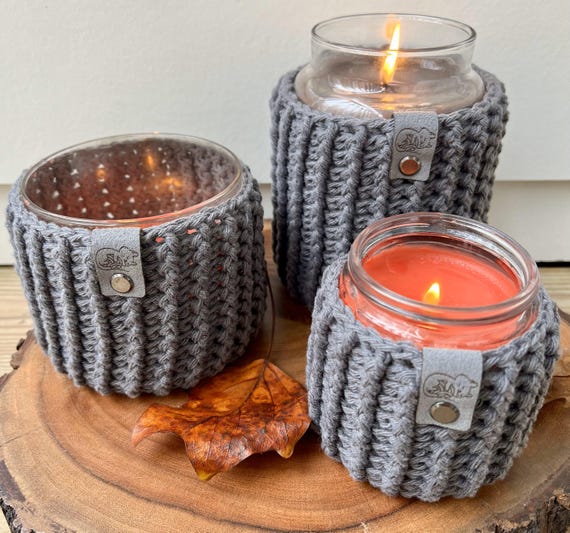 Graphite Emmett Crochet Candle Cozy: Candle Jar Cover