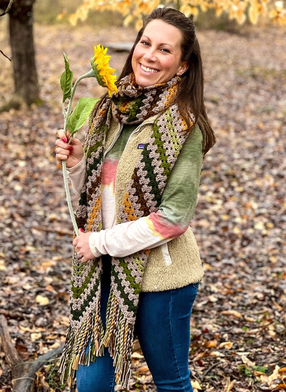 Sunflower Kiara Crochet Granny Square Chevron Scarf with Twisted Fringe