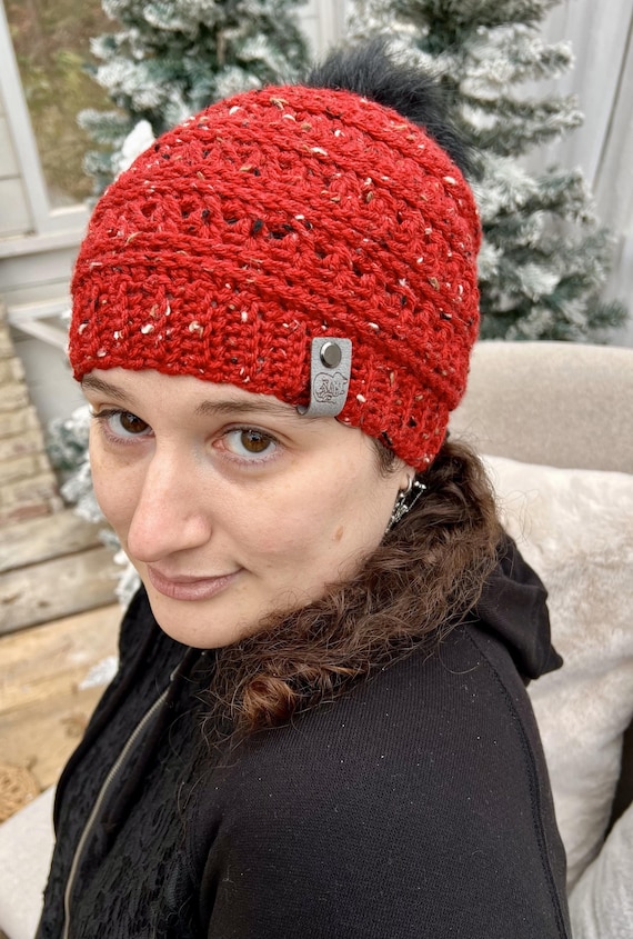 Poinsettia Crochet Beanie: Tweed Winter Hat with Faux Fur Pom-Pom
