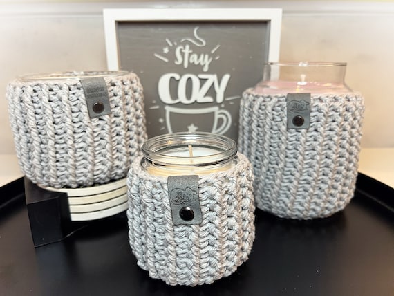 Pewter Emmett Crochet Candle Cozy: Candle Jar Cover