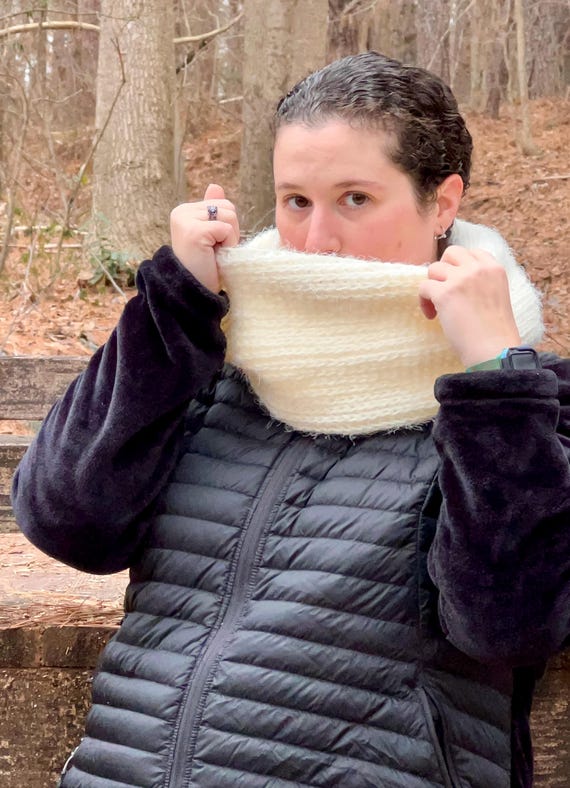Cream Crochet Infinity Scarf: Fuzzy Acrylic-Nylon Blend