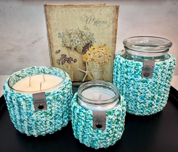 Aquamarine Emmett Crochet Candle Cozy: Candle Jar Cover