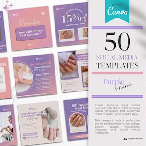 Nail Salon Instagram | Purple Instagram Template | 50 Social Media Template | Manicure Pedicure Beauty | Canva Template