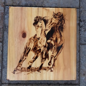 Wood Burned Horses on pine Wall decor - pyrography