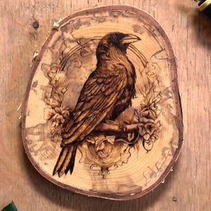 Wood Burned Crow on birch Wall decor - pyrography