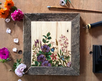 Fleurs brûlées sur bois sur pin - Décoration murale - pyrogravure
