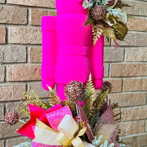 Pink flocked Christmas Nutcracker, Pink Christmas Nutcracker, Pink Christmas Arrangement, Whimsical centerpiece, XL Nutcracker arrangement