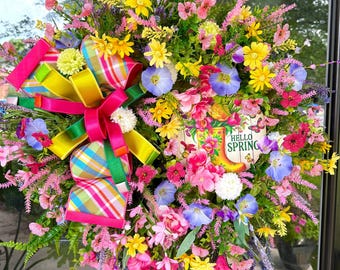 Hello Spring Wildflower Grapevine wreath, Mothers Day, Gift for her, Wildflower Front door wreath