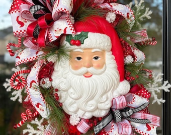 Lighted Retro Santa Wreath, Handmade Luxury Christmas Door Decor, Red & White Vintage Style Front Door Wreath