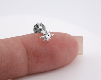 14K Solid White Gold Star stud earring • Ear stud solid 14k gold earring • flatback piercing for helix tragus • real gold piercing
