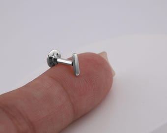 14K Solid White Gold Single bar stud earring •Ear stud solid 14k gold earring •flatback piercing for helix tragus•real gold piercing