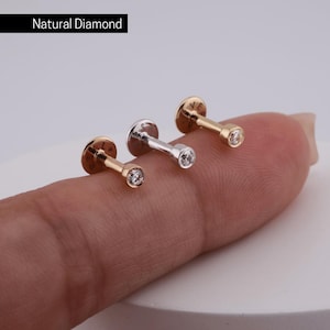 0.03ct Diamond 14K Solid Gold piercing • Ear stud solid 14k gold earring • flatback piercing for helix tragus  • real gold piercing