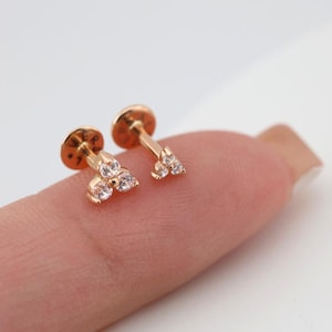 14K Solid Rose Gold 3 stones triangle stud earring •Ear stud solid 14k gold earring • flatback piercing for helix tragus •real gold piercing