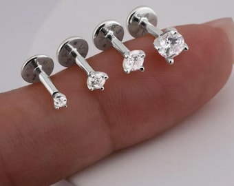 14K Solid White Gold Single stone stud earring • Ear stud solid 14k gold earring • flatback piercing for helix tragus • real gold piercing