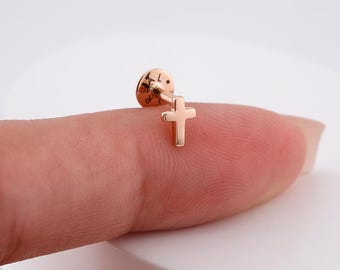 14K Solid Gold Tiny Cross stud earring • Ear stud solid 14k gold earring• flatback piercing for helix tragus• real gold piercing