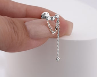 14K Solid White Gold Trio Shine Chain stud earring • Ear stud solid 14k gold earring •flatback piercing for helix tragus •real gold piercing