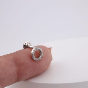 14K Solid White Gold Circle with stones stud earring •Ear stud solid 14k gold earring •flatback piercing for helix tragus•real gold piercing