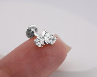 14K Solid White Gold crown stud earring • Ear stud solid 14k gold earring • flatback piercing for helix tragus • real gold piercing