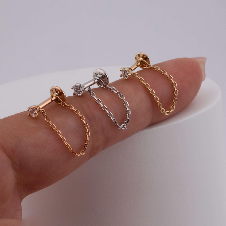 14K Solid Gold Single Stone Chain Stud Earring •ear Stud Solid 14k Gold ...
