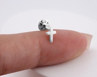 14K Solid White Gold Tiny Cross stud earring • Ear stud solid 14k gold earring• flatback piercing for helix tragus• real gold piercing
