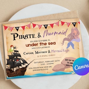 Mermaids and Pirates Invitation, Mermaid Pirate Joint Birthday Party, Sibling Mermaid Pirate Party, Mermaid Birthday Invitation