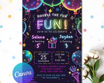 Invitación de cumpleaños para hermanos, invitación de cumpleaños conjunta de neón, invitación de cumpleaños doble, invitación de cumpleaños para gemelos, invitación combinada doble