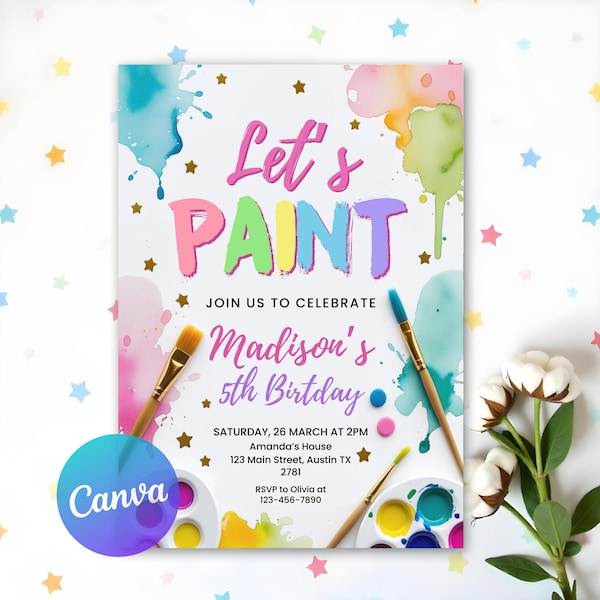 Bearbeitbare Malparty-Einladung, Malparty, Kunstparty-Einladung, Pastellregenbogen, Malen und feiern Einladung, Canva-Vorlage