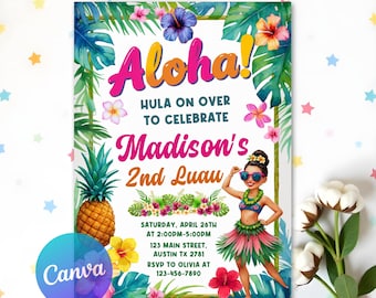 May include: Aloha! Hula on over to celebrate Madison's 2nd Luau.  A colorful invitation with a cartoon hula girl, tropical flowers, and pineapples.  Saturday, April 26th at 2:00pm-5:00pm. 123 Main Street, Austin TX 2781. RSVP to Olivia at 123-456-7890.