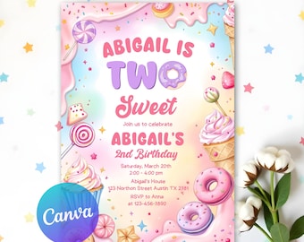 Sweet Party Invitation, Two Sweet Birthday Invitation, 2nd Birthday Girl Invitation, Candy Sweets Donut Ice Cream Cupcake, Editable Canva