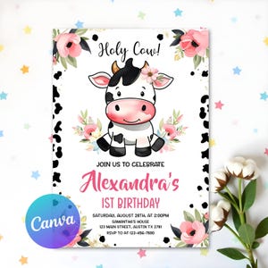 Sjabloon bewerkbare Heilige Koe verjaardagsuitnodiging, Cowgirl Party verjaardagsuitnodiging, uitnodiging Pink Girl, uitnodiging Holly Cow, Instant Download
