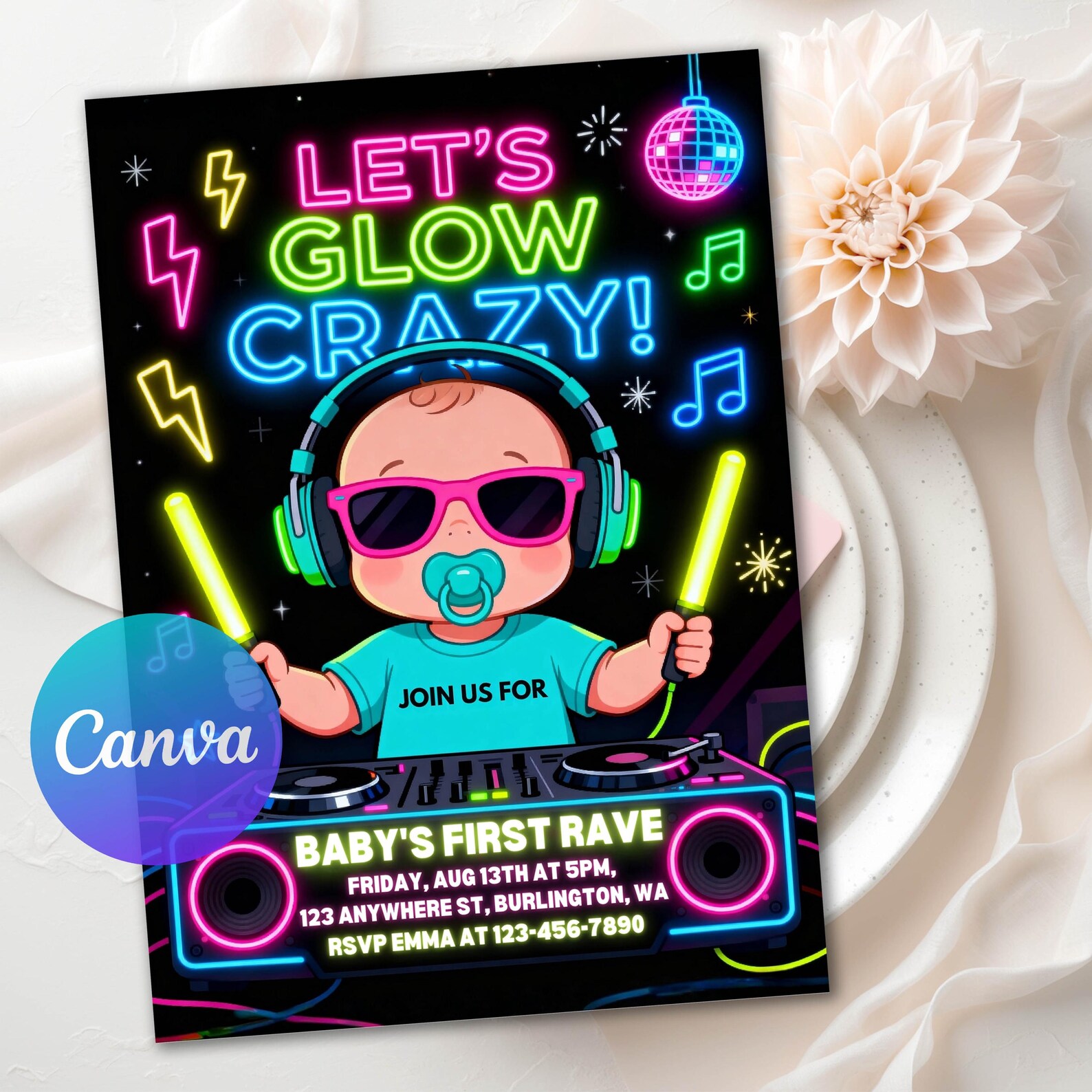 Baby Rave Sign Glow Baby Rave Party Invitation, Baby's First Rave Invitation, 1st ...
