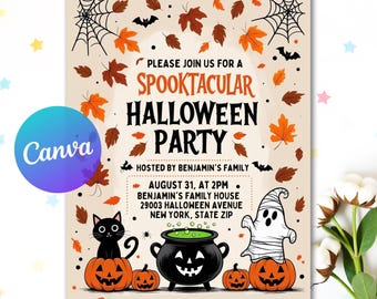 May include: Halloween party invitation with the text "Spooktacular Halloween Party". The design includes pumpkins, a black cat, a cauldron, a ghost, bats, and autumn leaves. The invitation is hosted by Benjamin's Family.