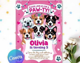 Editable Pink Girl Dog Birthday Invitation, Puppy Party Invite, Lets Pawty Invitation, Animal Birthday, Pet Party, Instant Download
