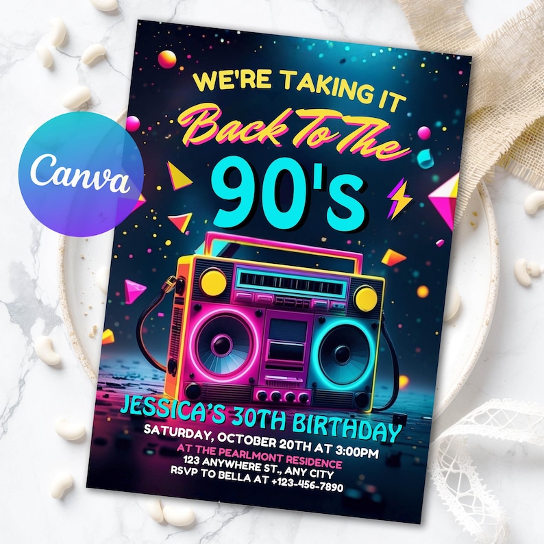 Birthday Invitations, Instant Download, Editable Canva, Invitation For Women, Back To The 90S, Invitation For Men, 40Th Birthday, 21St Birthday, 30Th Birthday, 90S Party Invitation, Hip Hop Invitation, 18Th Birthday, canva template