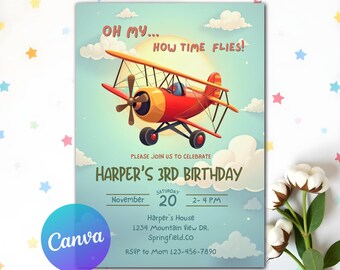Faire-part 1er anniversaire avion, le temps passe vite, faire-part 1er anniversaire avion, garçon avion fête, 1er anniversaire de garçon, faire-part d'anniversaire pilote