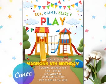 Playground Birthday Invitation, Party in the Park Outdoor Birthday, Kids Park Party Invitation, Bounce Playground Party, Run Jump Slide Play