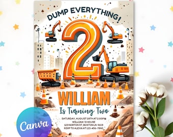 Construction Birthday Invitation, Dump Truck Birthday Invite, 2nd Birthday Construction Invitation Template Instant Download