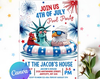Editable Independence Day Pool Party Patriotic, 4Th Of July Pool Party Invitation Invite Editable Template Instant Download