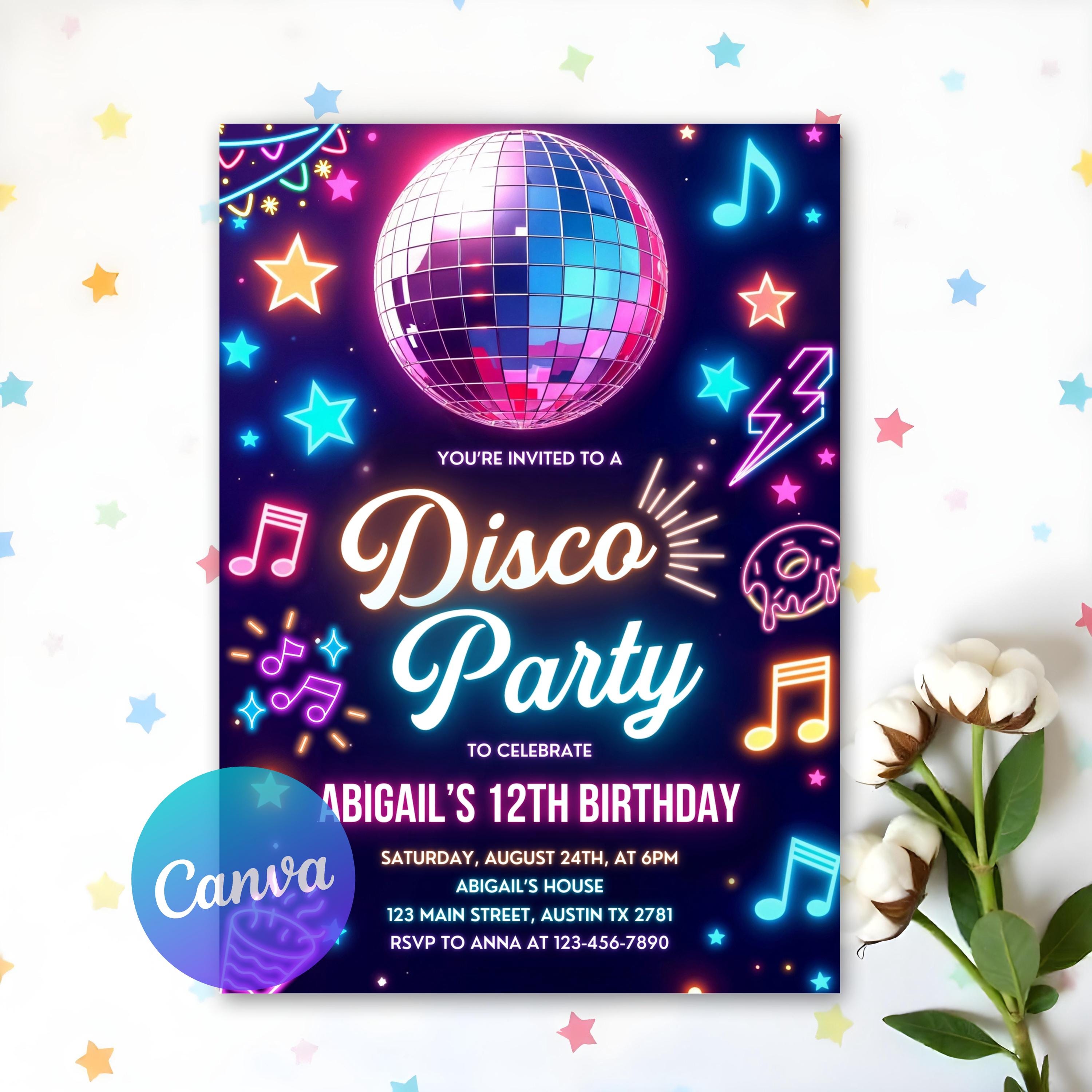 Editable Disco Party Invitation, Neon Disco Party Invitation, Dance Party, Disco Ball Birthday Party Invite, 80s Party, Editable Template