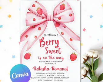 Strawberry Baby Shower Invitation Template Someone Berry Sweet is on the Way Coquette Baby Girl Ribbon Pink Bow Invitation Canva Printable