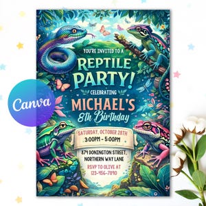 May include: A colorful reptile-themed birthday party invitation. The design features a snake, lizards, and frogs in a lush, vibrant setting. Text includes "REPTILE PARTY!" and details for Michael's 8th birthday, including date, time, and location.