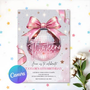 Editable Disco Ball Coquette Birthday Invitation, Coquette Ribbon Theme Party, Disco Ball Birthday Invitation, Dance Party, Instant Download