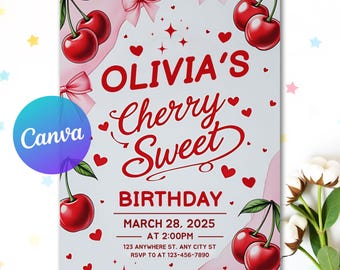 Cherry Sweet Birthday Party Invitation, Editable Canva Template, Cherry Bow Birthday Invite, Cherry Theme Girl Birthday Party, Custom Invite