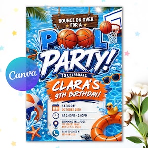 Mall för födelsedagsinbjudan till basketbollsfest, sommarplask för Slam Dunk, barns sportbadfest, redigerbar digital nedladdning av Canvas