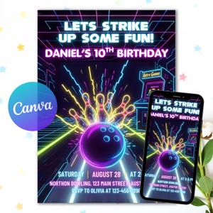 May include: A neon-style bowling birthday party invitation with the text "Let's Strike Up Some Fun!" and "Daniel's 10th Birthday." The design includes a bowling ball, pins, and arcade game graphics. A smartphone displays the same design.