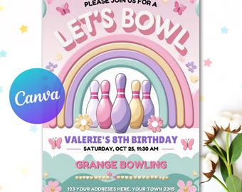 Pink Bowling Birthday Invitation, Girls Party, Editable Template Rainbow Invite, Canva Editable, Instant Download