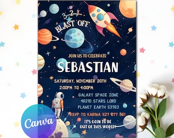 Outer Space Birthday Invitation Template, Galaxy Blast Off Invitation, Astronaut Outer Space Invite, Planets Rocket Ship Astronaut Invite