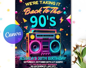 Editable Back to The 90s Birthday Party Invitation, Neon Glow Dance Disco Invite, Throwback Party, Digital Download, Canva Template