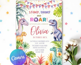 Pastel Dinosaur Birthday Invitation, Girl Three Rex Party Editable Invite, Pink Dinosaur Birthday Invite, Dino Party Invite, Three-Rex Party