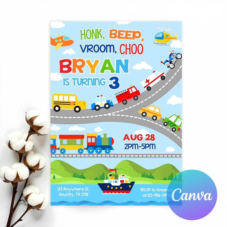 Choo Choo Train,
Transportation Party,
Vehicles Party,
truck party invite,
truck birthday,
cars birthday